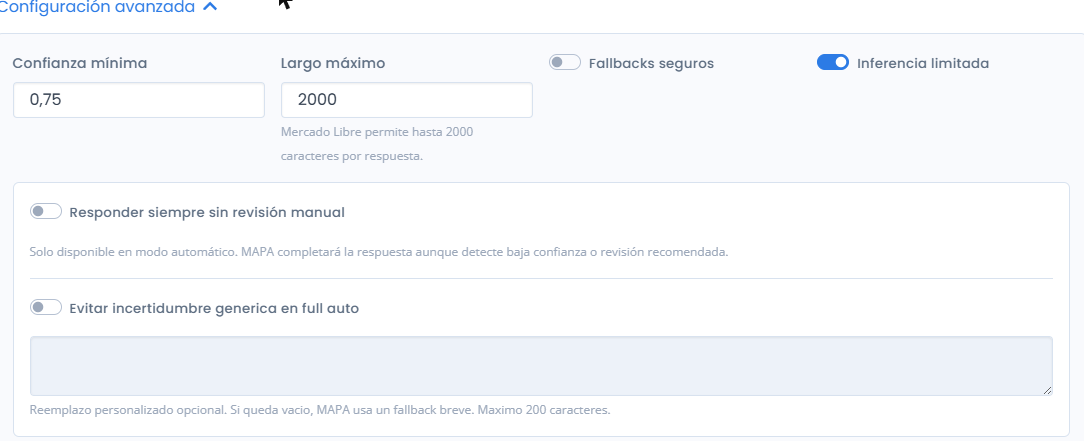 Agentes que responden por vos 24/7 en Mercado Libre: cómo funcionan y hasta dónde dejarlos solos 5 Configuración avanzada con confianza mínima, largo máximo y fallbacks seguros