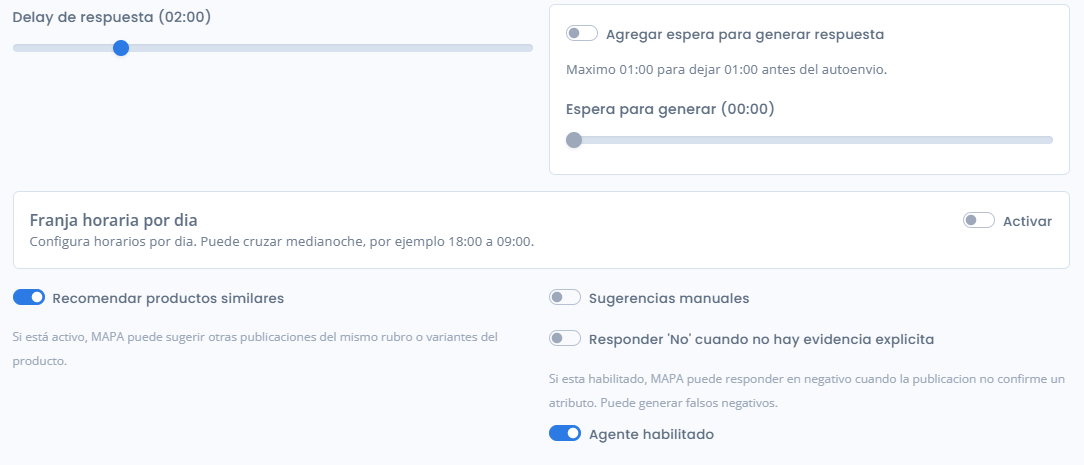 Agentes que responden por vos 24/7 en Mercado Libre: cómo funcionan y hasta dónde dejarlos solos 6 Delay de respuesta, franja horaria por día y opciones de recomendación de productos