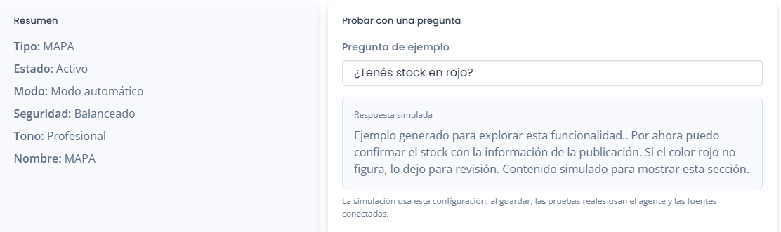 Agentes que responden por vos 24/7 en Mercado Libre: cómo funcionan y hasta dónde dejarlos solos 7 Simulador de respuesta del agente con una pregunta de ejemplo