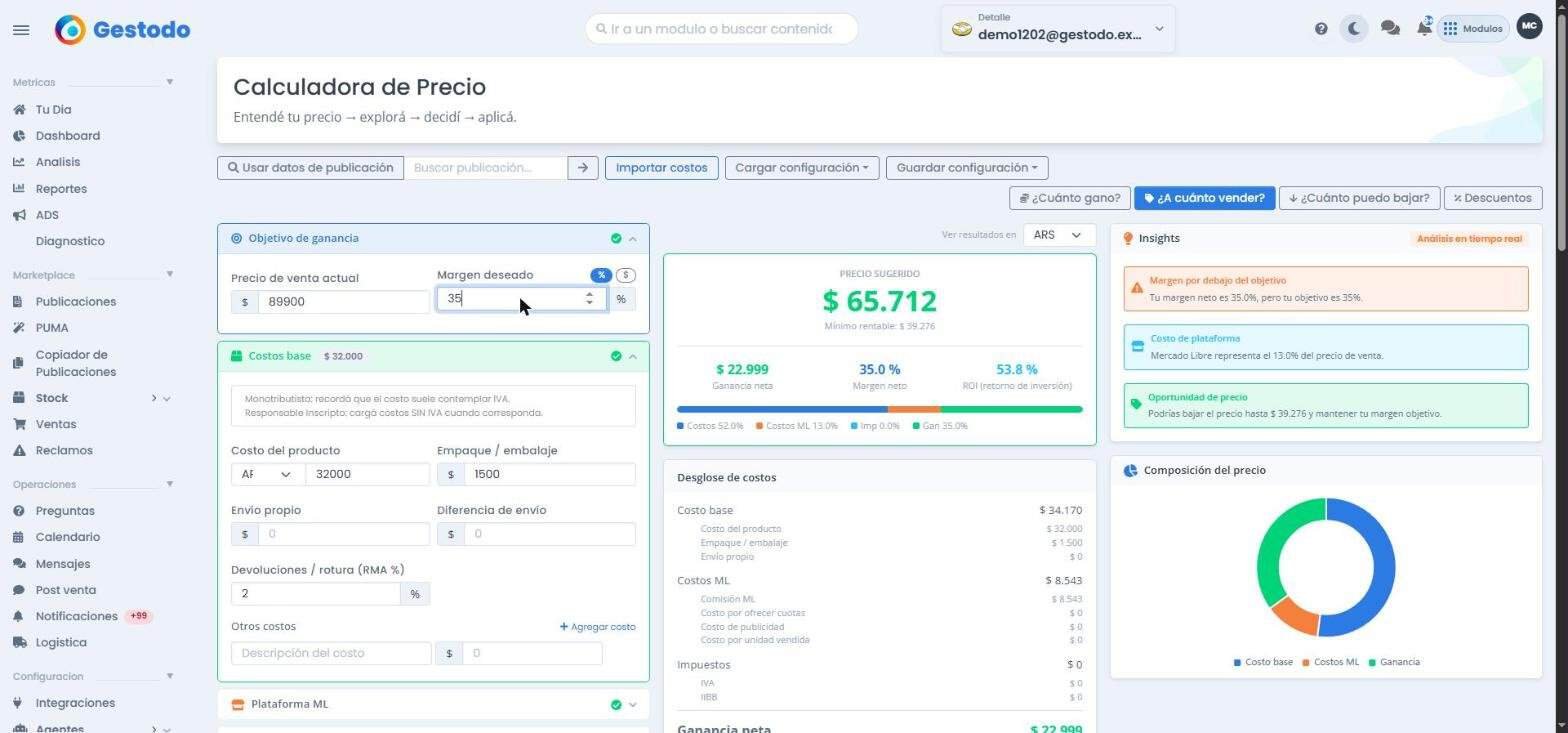 Calculadora de costos de Mercado Libre 2026: cuánto ganás realmente en cada venta 9 Modo ¿A cuánto vender? calculando el precio para un margen objetivo del 35%