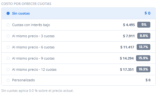 Calculadora de costos de Mercado Libre 2026: cuánto ganás realmente en cada venta 6 Costo por ofrecer cuotas sin interés en Mercado Libre, de 3 a 12 cuotas
