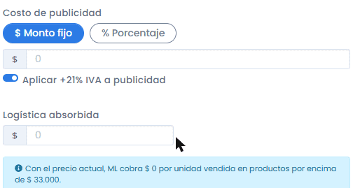 Calculadora de costos de Mercado Libre 2026: cuánto ganás realmente en cada venta 7 Carga del costo de publicidad con IVA del 21% aplicado