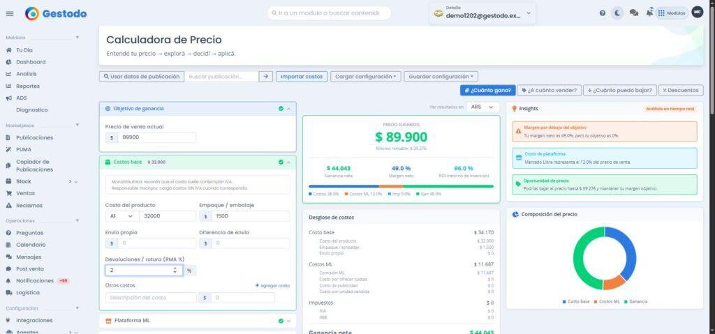 Modo ¿Cuánto gano? mostrando margen neto del 49% sobre una venta de $89.900