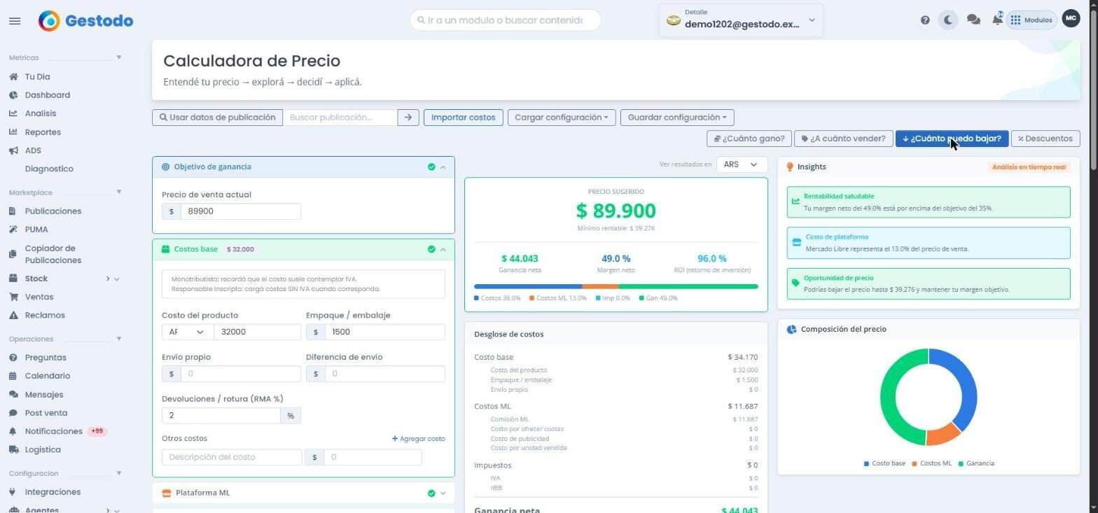 Calculadora de costos de Mercado Libre 2026: cuánto ganás realmente en cada venta 10 Modo ¿Cuánto puedo bajar? mostrando rentabilidad saludable y piso de precio