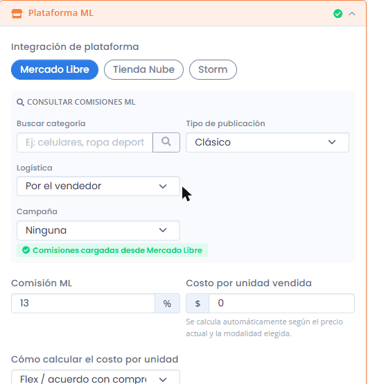 Calculadora de costos de Mercado Libre 2026: cuánto ganás realmente en cada venta 5 Panel de plataforma con comisiones de Mercado Libre cargadas automáticamente