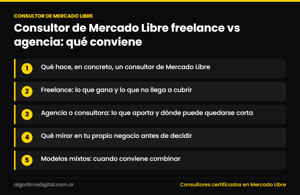 Consultor de mercado libre — Consultor de Mercado Libre freelance vs agencia: qué conviene