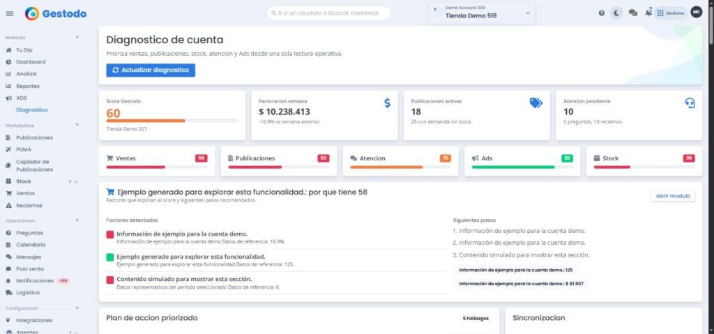 Vista general del módulo de diagnóstico de cuenta de Mercado Libre