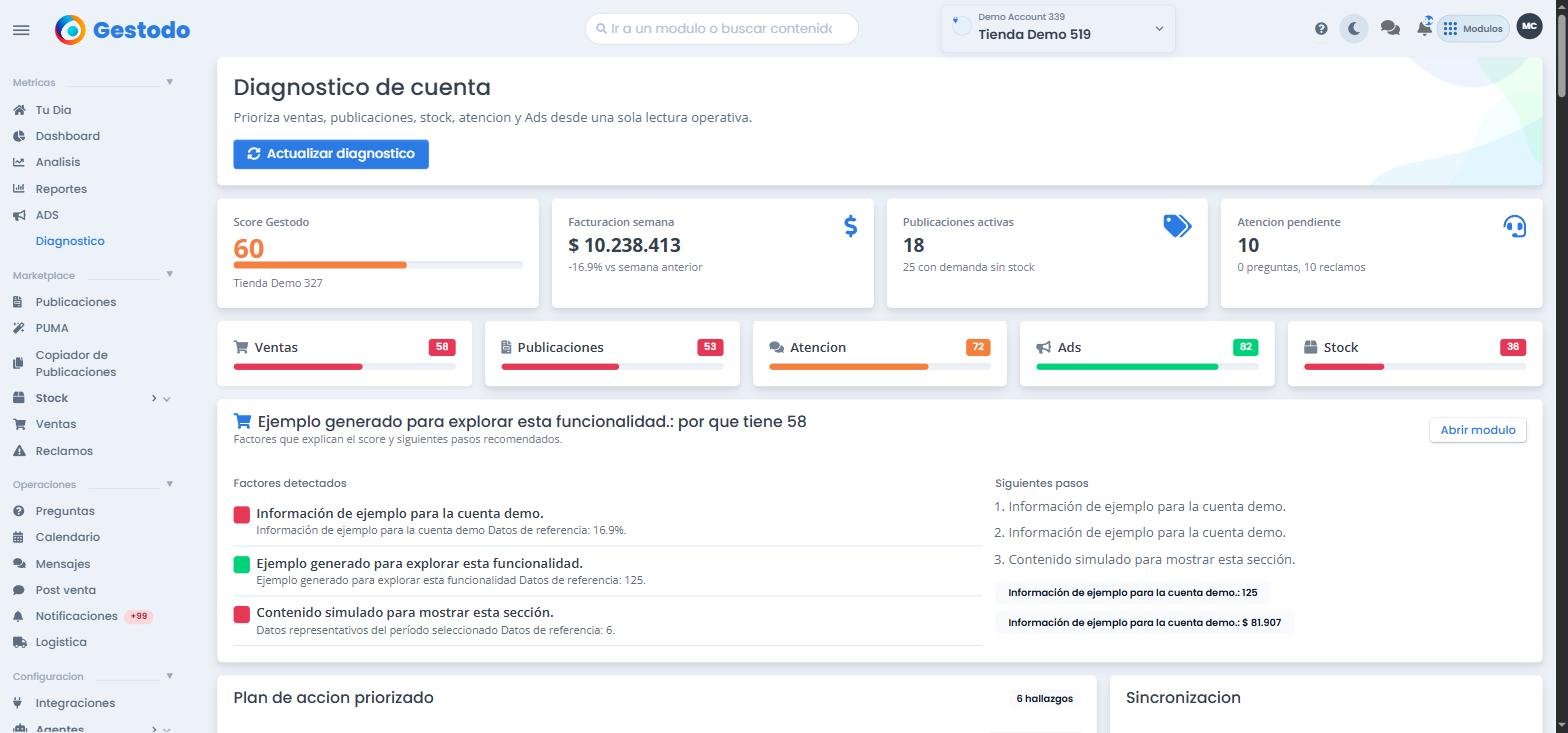 Vista general del módulo de diagnóstico de cuenta de Mercado Libre
