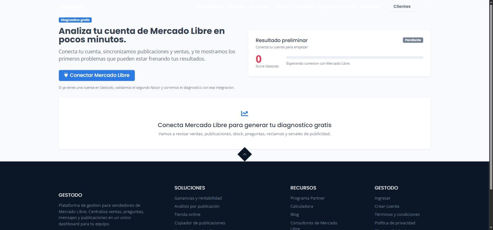Landing del diagnóstico gratuito de cuenta de Mercado Libre de Gestodo