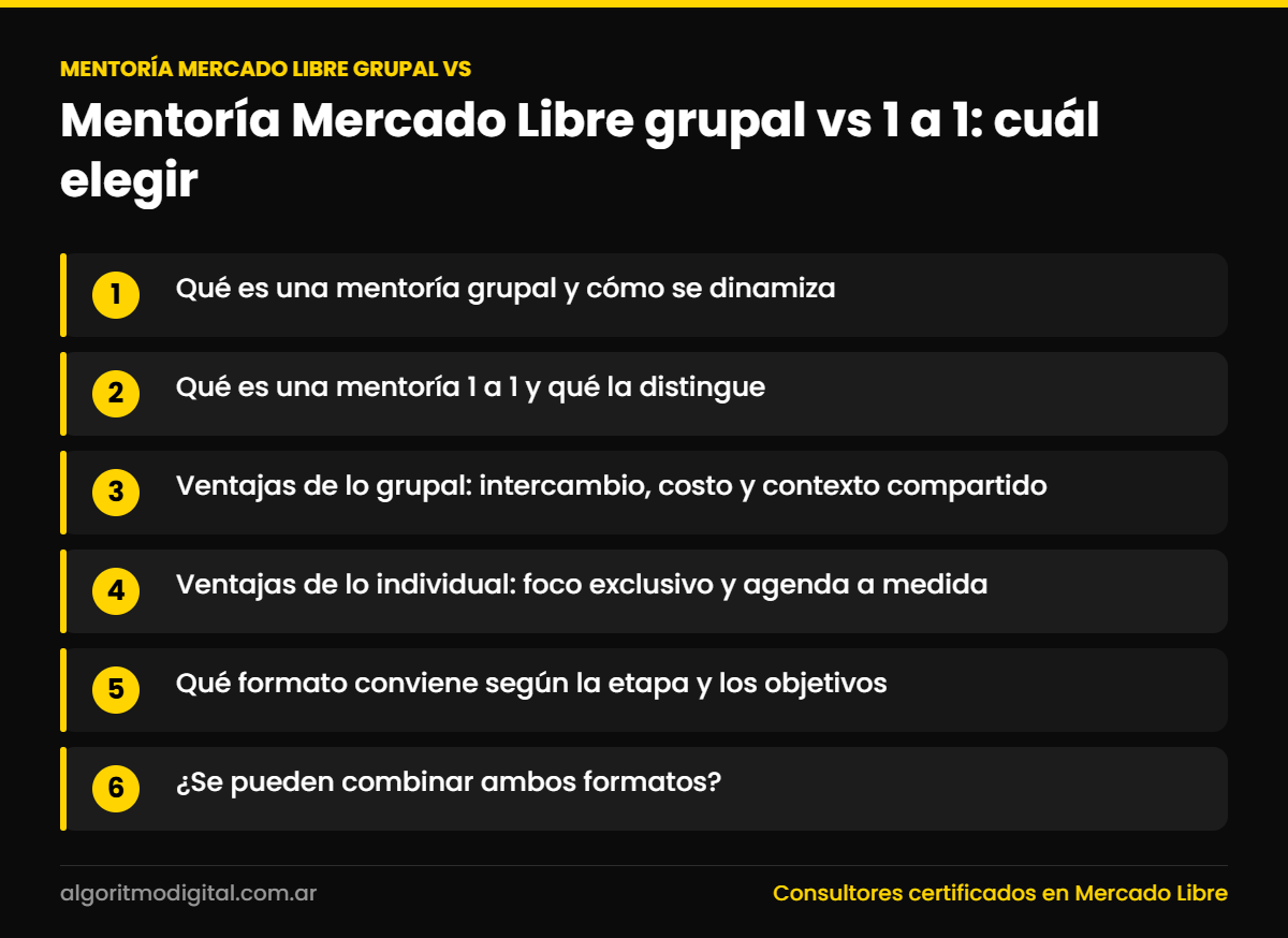 Mentoría Mercado Libre grupal vs 1 a 1: cuál elegir 1 Mentoria mercado libre grupal vs — Mentoría Mercado Libre grupal vs 1 a 1: cuál elegir