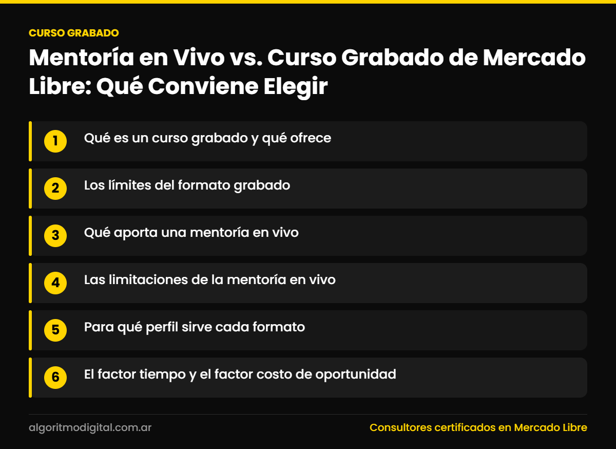 Curso grabado — Mentoría en Vivo vs. Curso Grabado de Mercado Libre: Qué Conviene Elegir