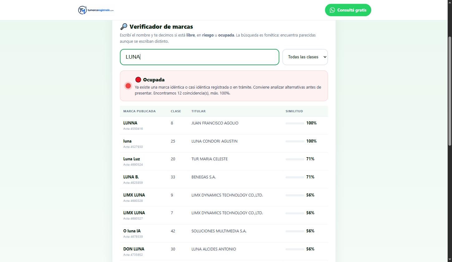 Resultado del verificador de marcas: veredicto Ocupada con listado de actas, clase, titular y porcentaje de similitud
