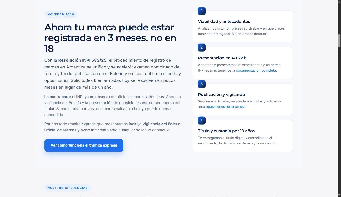 Esquema del trámite express de registro de marca en 3 meses: viabilidad, presentación en 48-72 h, publicación y vigilancia, título y custodia