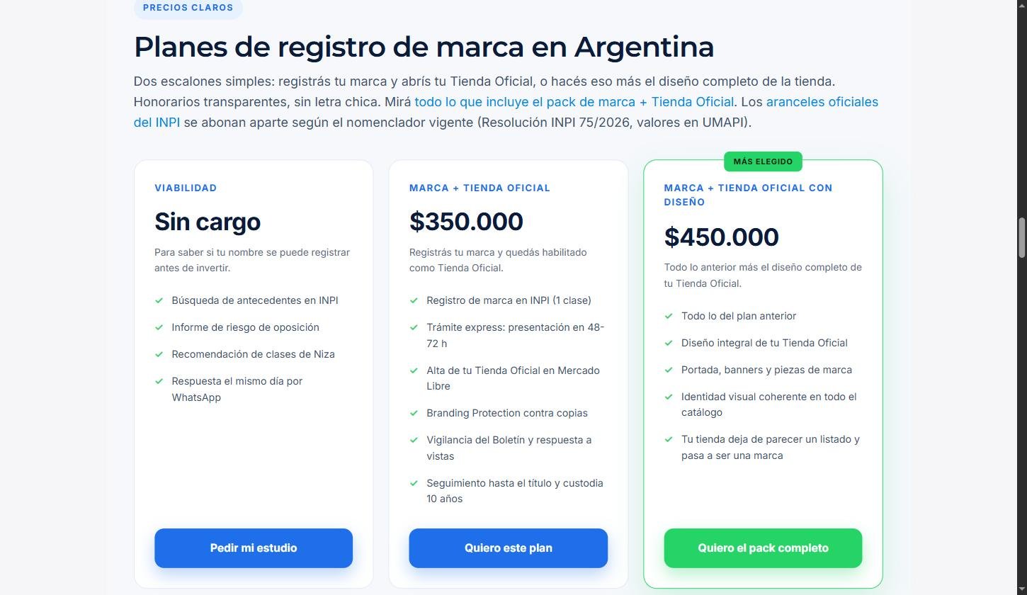 Planes de registro de marca en Argentina: viabilidad sin cargo, marca + Tienda Oficial 350.000 y marca + Tienda Oficial con diseño 450.000